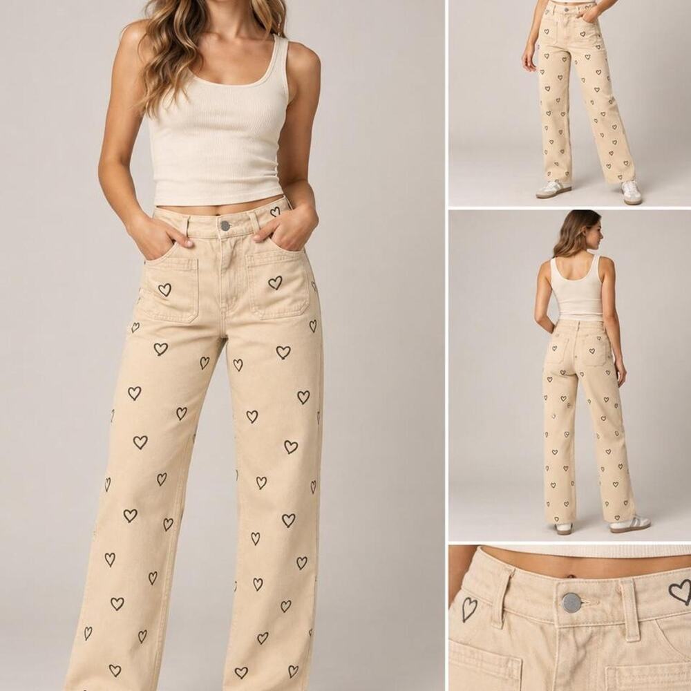 Cream heart print wide leg jeans